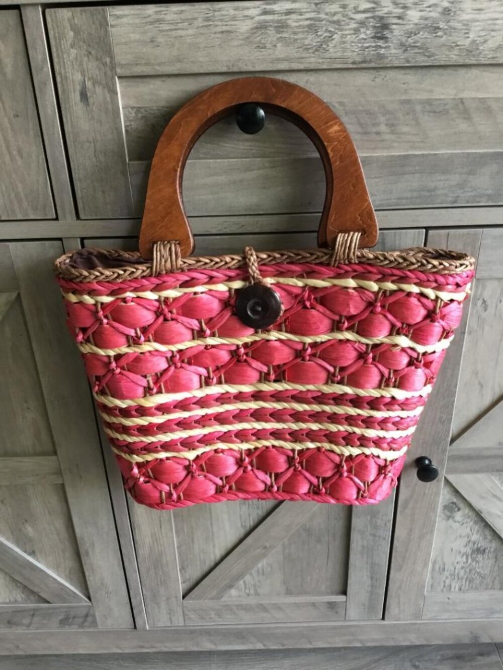 Cranberry Colored Handwoven Abaca Tote Handbag Textured Design & Wooden Handles